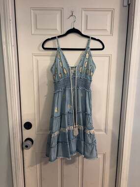 Zury Free Size Denim Tiered Mini Dress with Gold Embellishments S-M